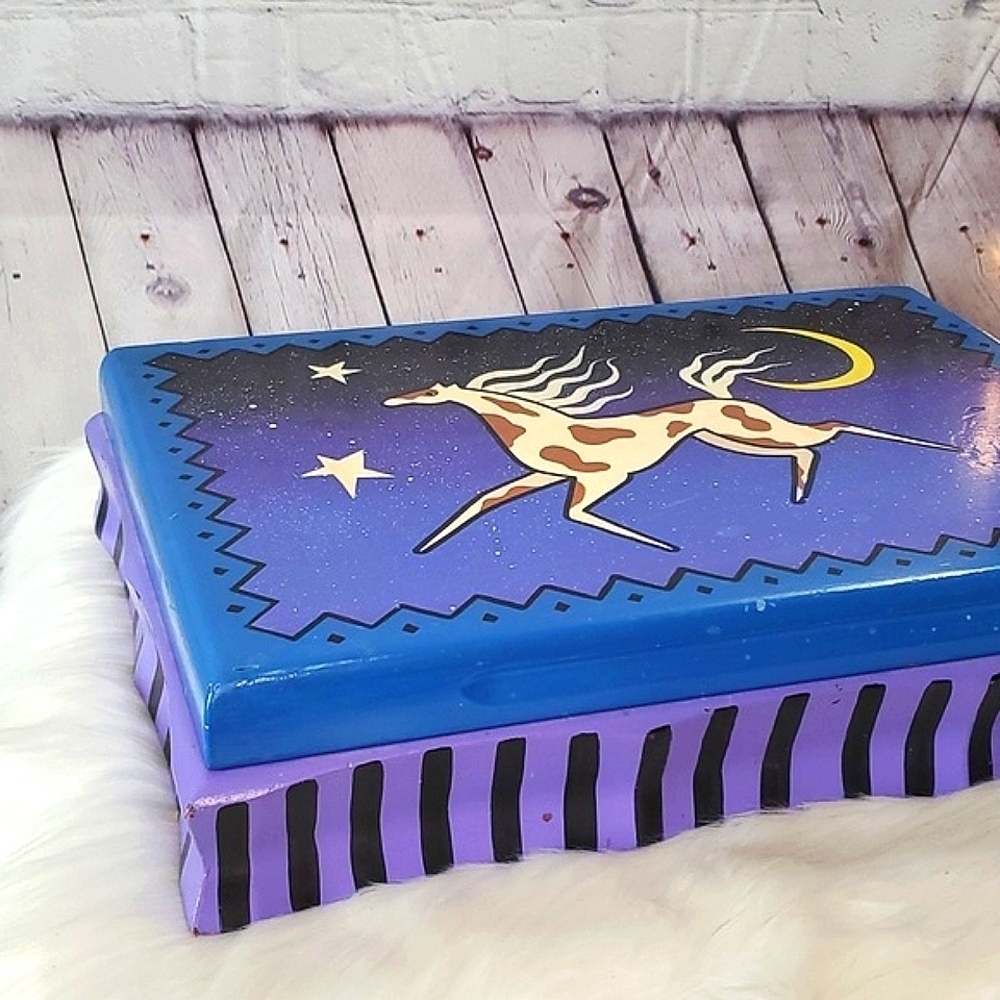 Y2K Handpainted Horse Stars & Moon Galaxy Purple Large Felt Lined Wooden Box - Picture 7 of 17